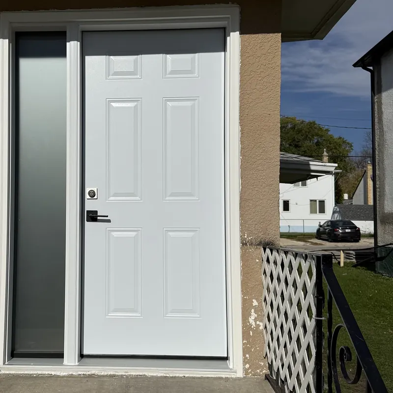 White six-panel entry door with a frosted glass sidelite