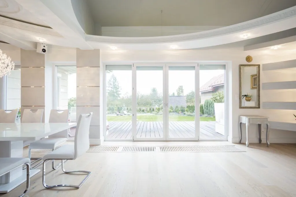 Sliding patio door opening to a deck