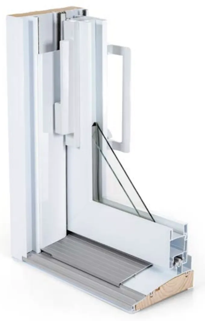 Corner cutaway of the Novatech 550 patio door frame and glass