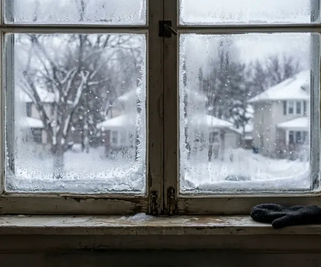 Old casement window covered in frost during a Winnipeg winter